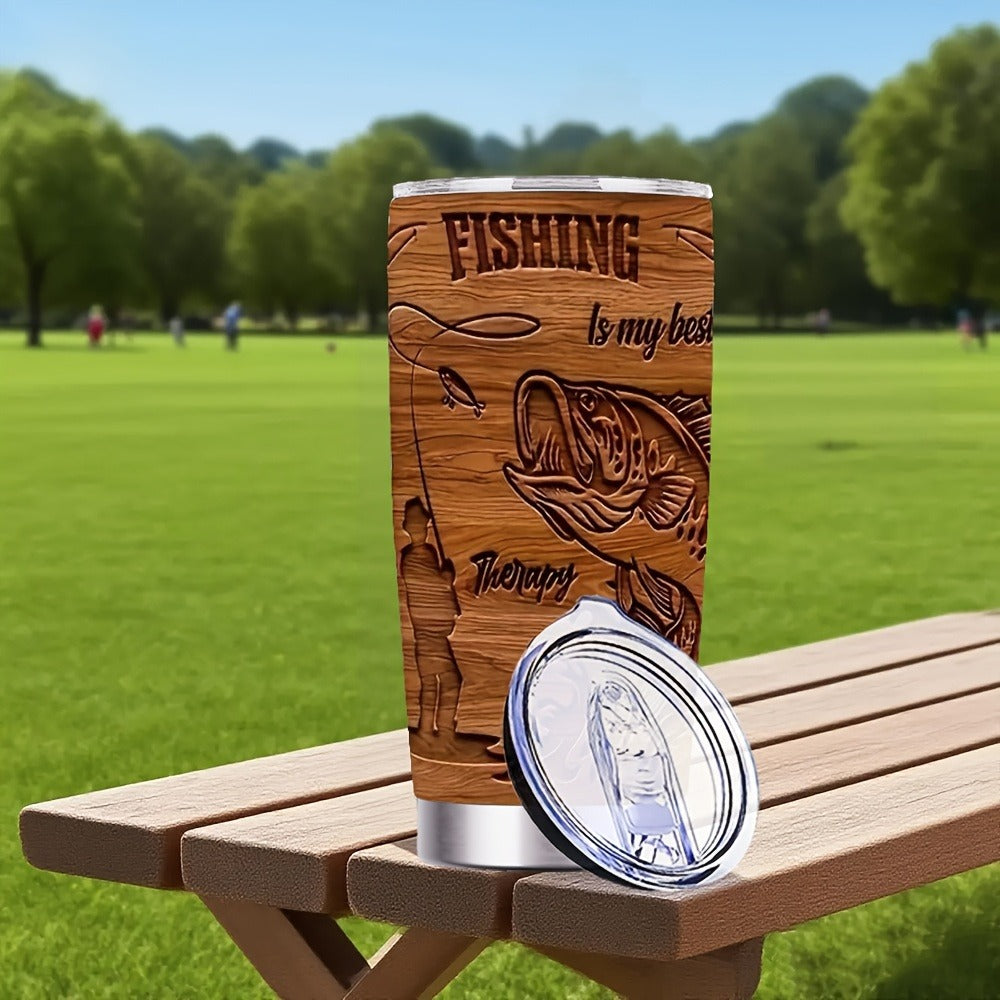 20oz Brown Fisherman-Graphic Tumbler with Clear Lid, Metal Straw and 7.2 x 17.5 cm Pictured Size