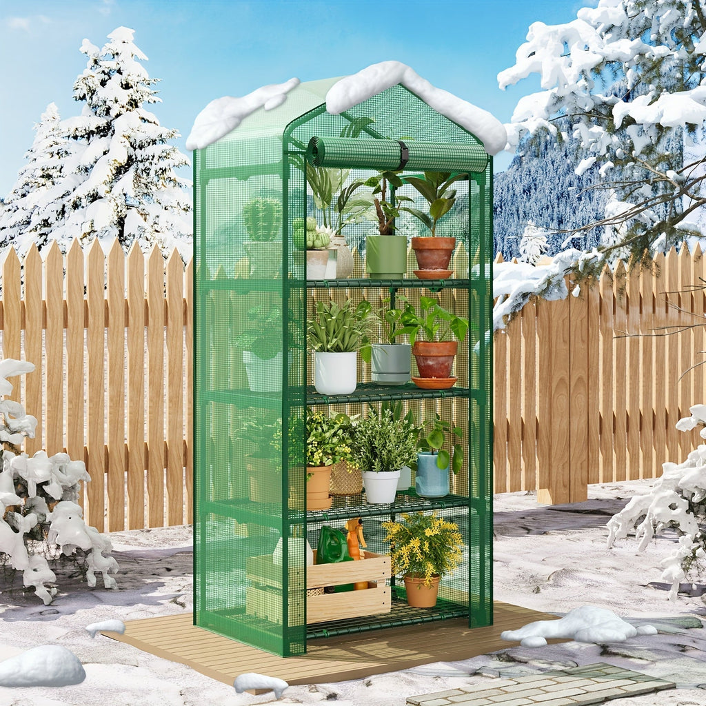 4 Tier Mini Greenhouse for Indoor Outdoor Plants, Portable PE Cover Greenhouse with Rack Stand for Seedlings