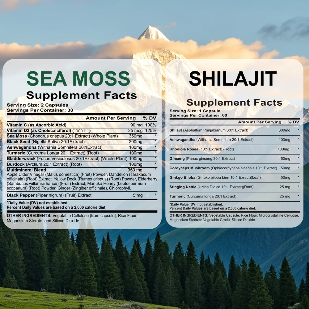 Sea Moss and Shilajit Capsule Supplements in 60-Count Bottles with One- to Six-Bottle Options