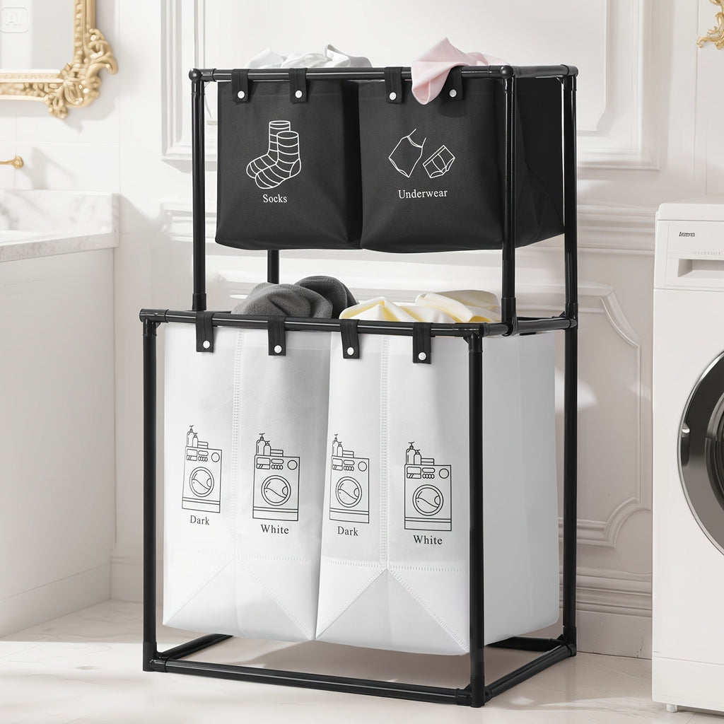 Laundry Sorter 2 Compartment Hamper – 2-Tier Metal Frame Laundry Hamper with Handles, Breathable Mesh Bags & Cable Ties