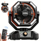 Camping Fan Battery Powered 20000mAh, Dual Motor 8-Speed Portable Tent Fan with Remote Control, 4 LED Lanterns and Hanging Hook