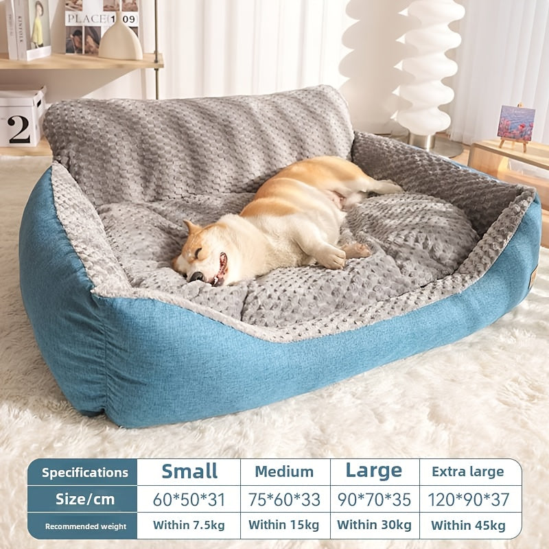 Blue-Gray Dog Bed Couch with Raised Back and Side Bolsters in Four Sizes, Plus One Random Cat Teaser