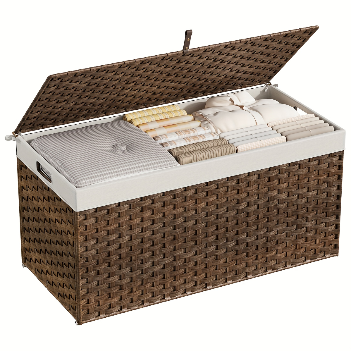 Large Wicker Storage Basket with Lid, Handles, Soft Lining, Metal Frame in a 220L Lidded Format
