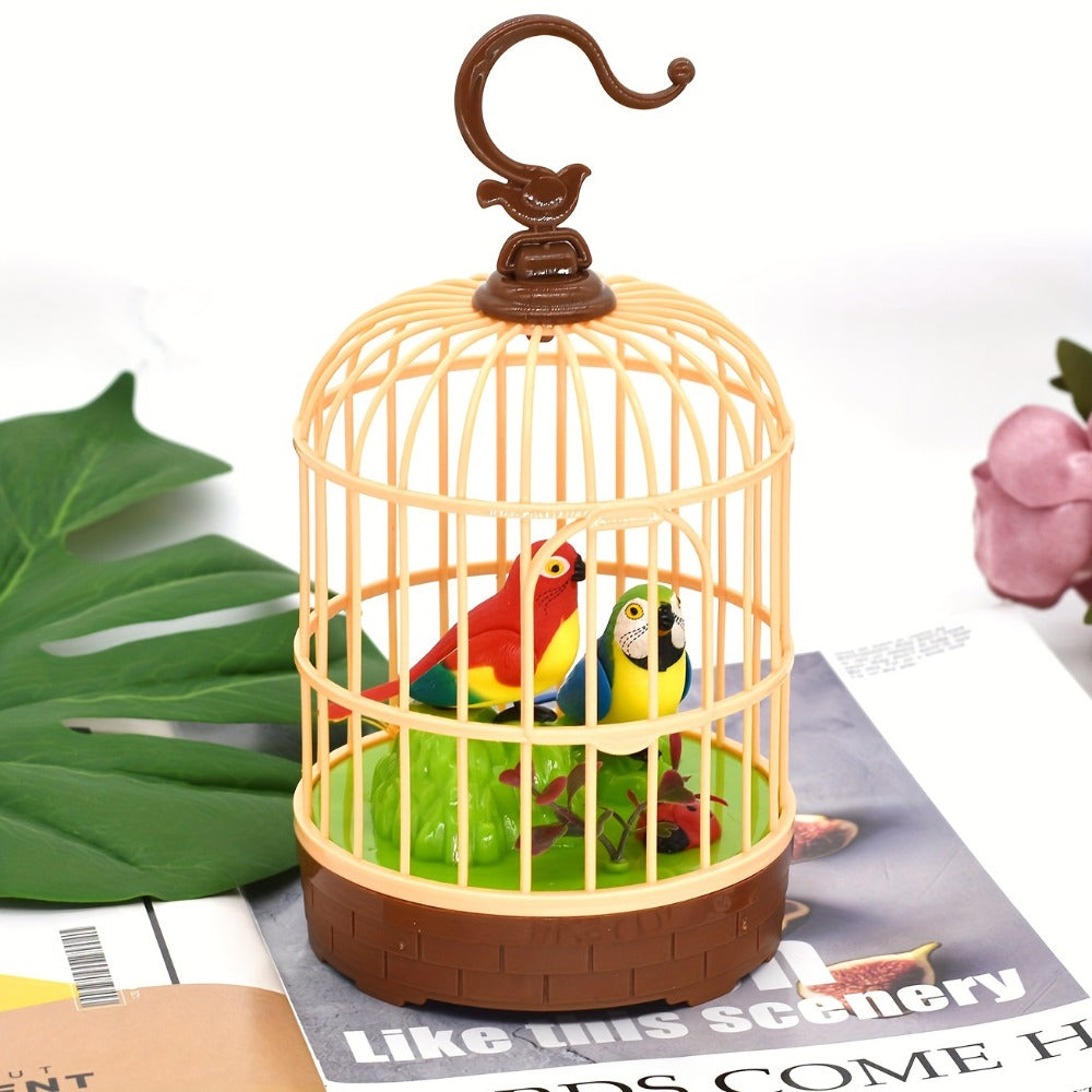 Mini Voice-Activated Birdcage Toy, Chirping & Wing-Fluttering Parrot, Interactive Sound-Responsive Animal Toy