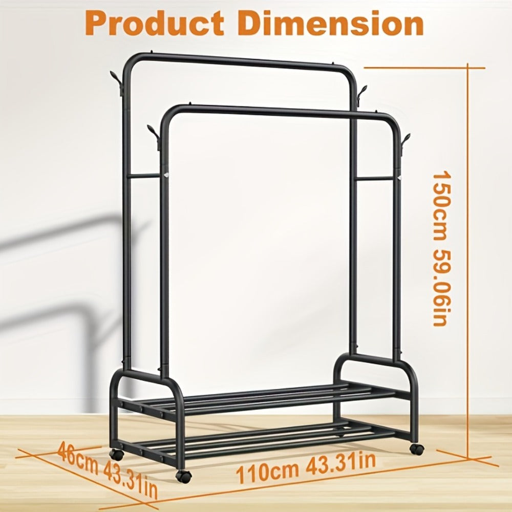 Black or Gold-Color Double-Rod Clothing Rack with Wheels, Side Hooks and 150 x 110 x 46 cm Frame