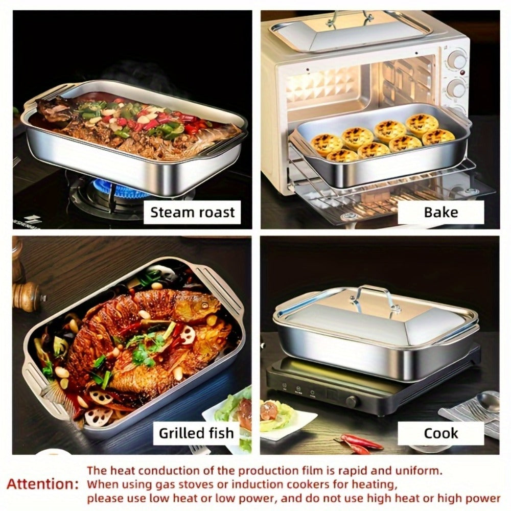 Stainless Steel Deep Baking Tray with Lid 4-Piece Set, 1.59 Gallon Rectangular Roasting Pan with Handle Lids