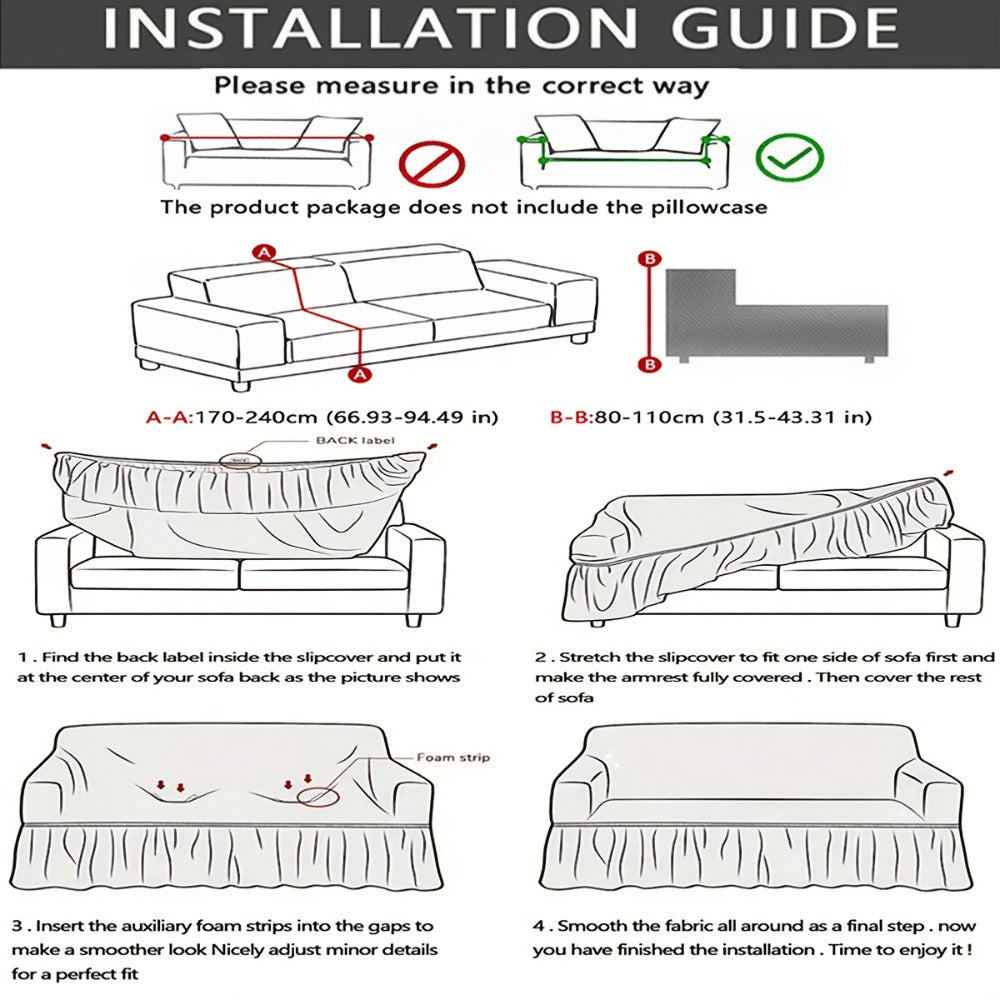 Sofa Cover Textured Skirted Full-Cover Slipcover with Elastic Stretch and Backing Detail for 3 or 4 Seats