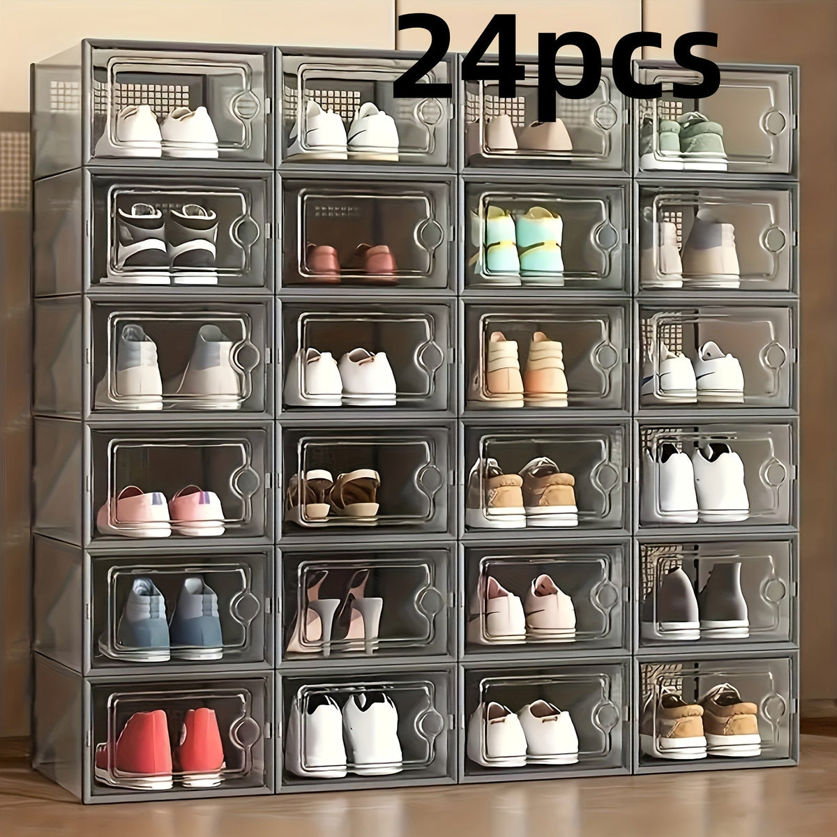 Transparent Stackable Shoe Boxes with Lid – Foldable Clear Sneaker Storage Organizer (6/24pcs)