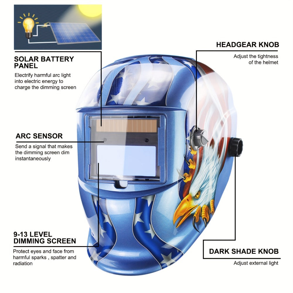 Graphic Auto-Darkening Welding Helmet with Eagle, Lightning or Black-Fire Shell Designs and Adjustable Headgear