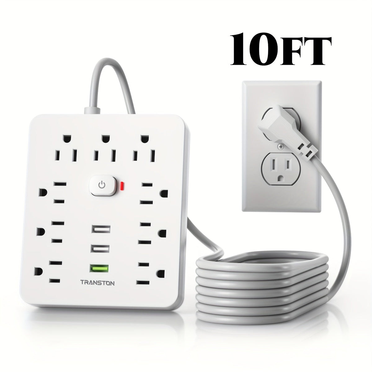 Power Strip with USB Ports, 12-in-1 with 45-Degree Angled Plug, 9 AC Outlets, 3 USB-A Ports and 10-Foot Extension Cord