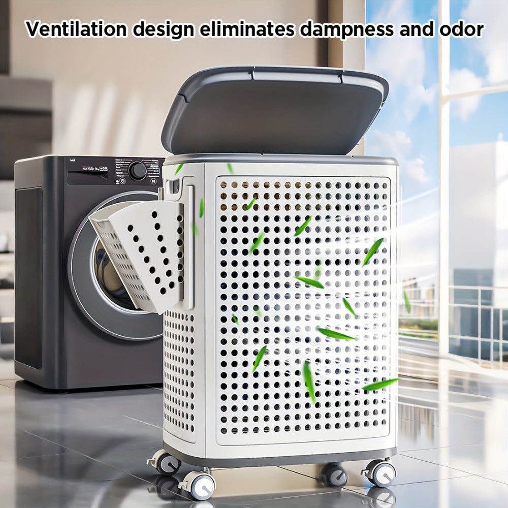 Wheeled Laundry Hamper Large Foldable with Dividers & Dust-Proof Lid – 360° Breathable Mesh Basket on Wheels, Reinforced Steel Base