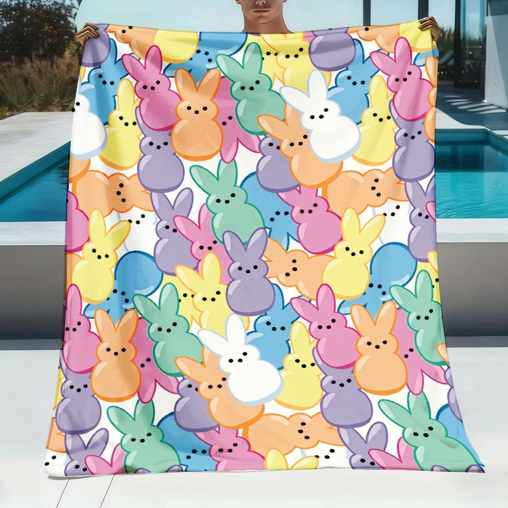 Pastel Rabbit Print Throw Blanket with Repeating Multicolor Bunny Design in Four Rectangular Size Options