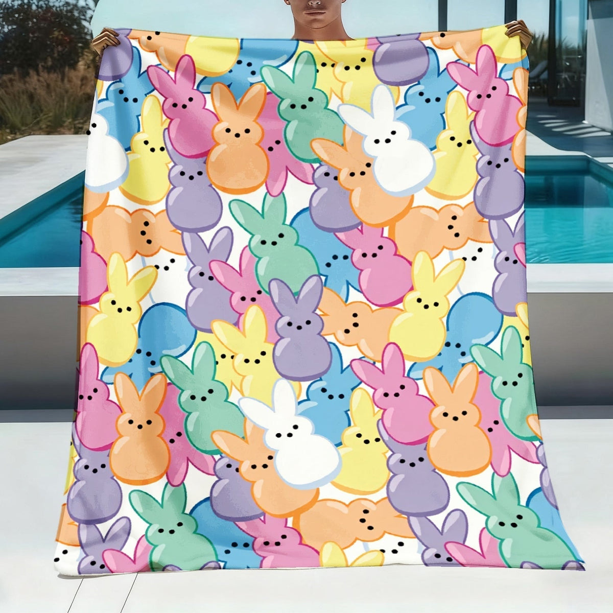 Pastel Rabbit Print Throw Blanket with Repeating Multicolor Bunny Design in Four Rectangular Size Options