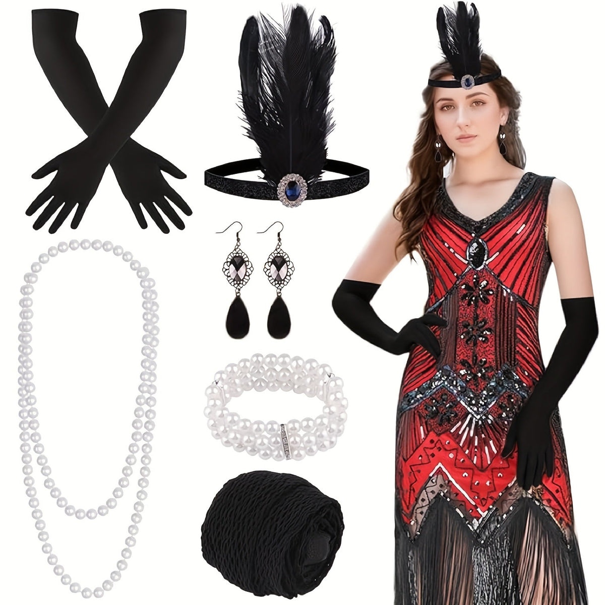 Flapper Dress – with Accessories Set 1920s Sequin Fringe Great Gatsby Costume Women V Neck Beaded Art Deco