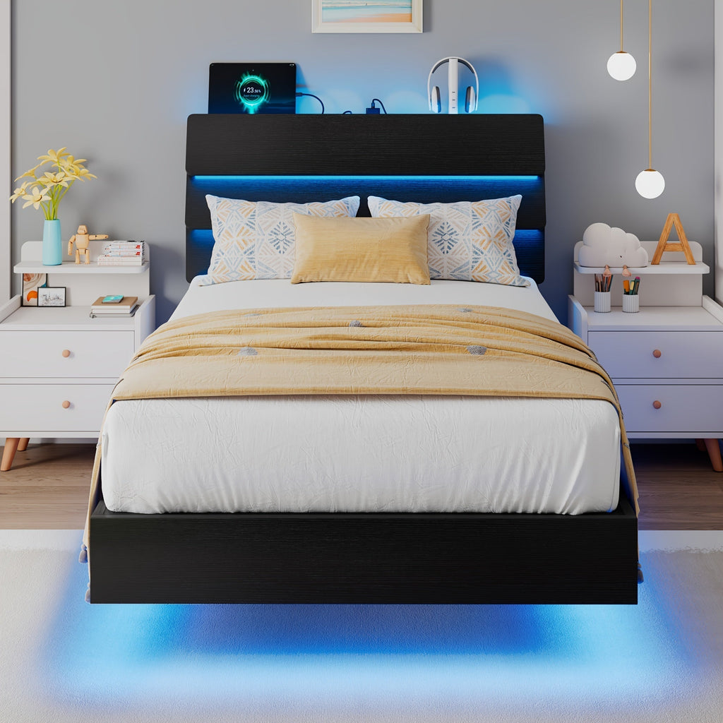Bed Frame with Headboard, Floating Platform with LED Strip, USB Charging Station and Wooden Storage Headboard
