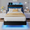 Bed Frame with Headboard, Floating Platform with LED Strip, USB Charging Station and Wooden Storage Headboard