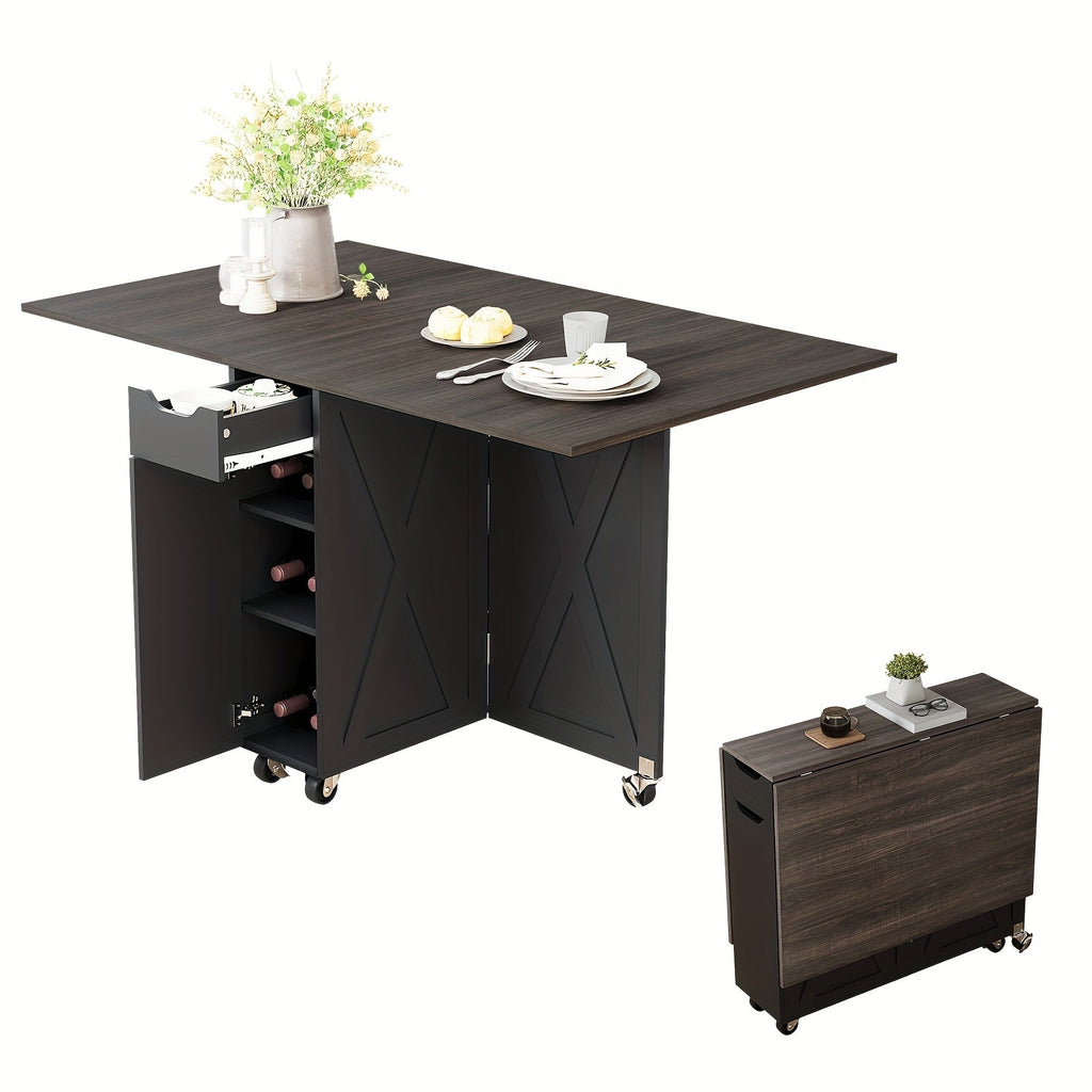 Foldable Rolling Dining Table with Storage Shelves, Six Casters and Four Wood-Tone Color Options