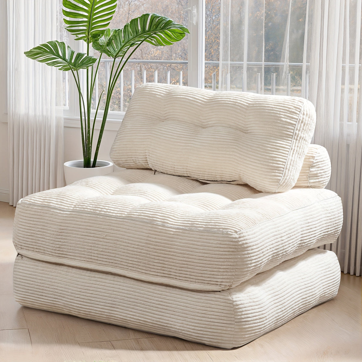 Convertible Corduroy Chair Bed with Fold-Out Lounger and Six Color Options for Living Rooms