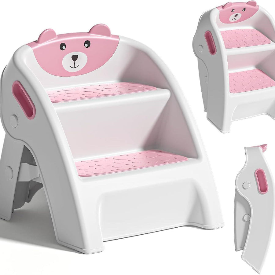 Two-Step Folding Bear Step Stool with Carry Openings, Textured Treads and Pink or Blue Color Options