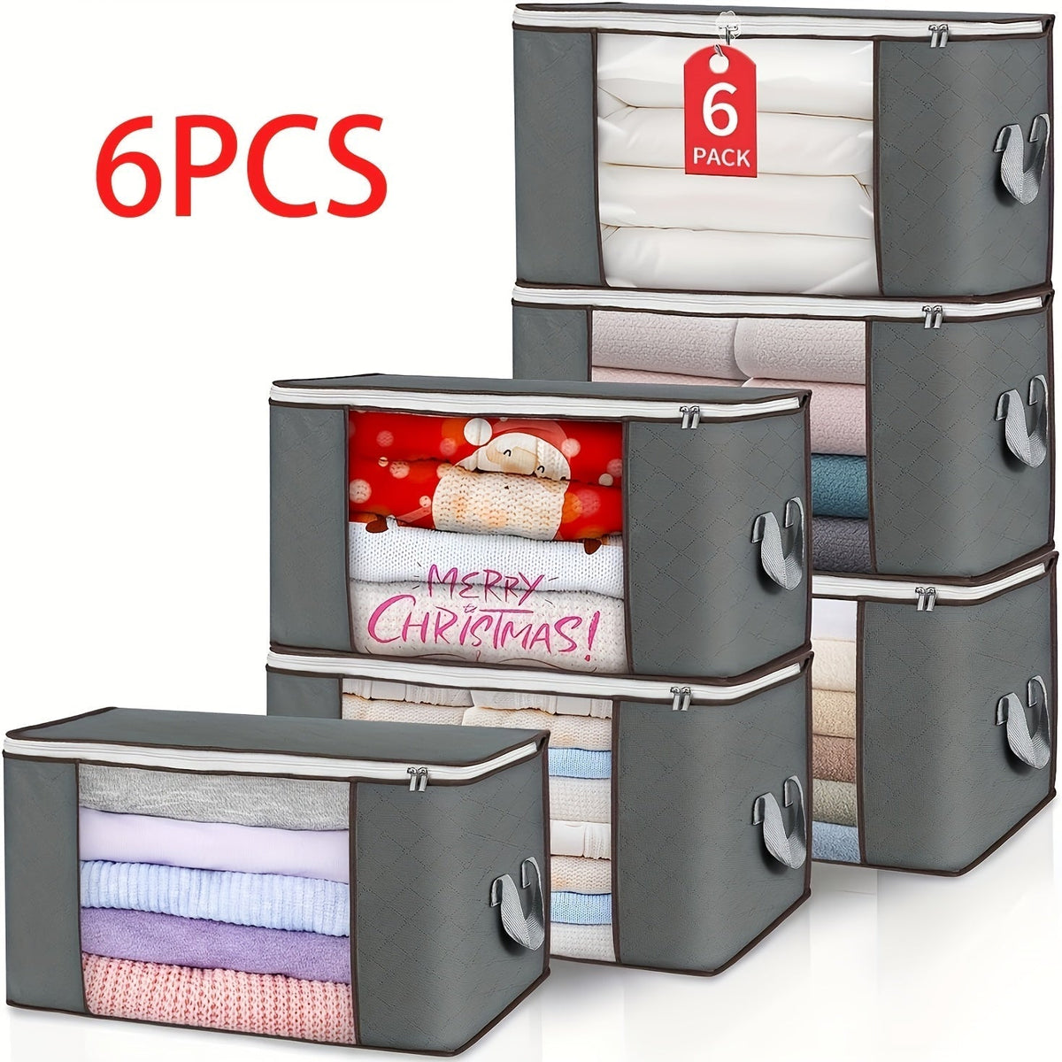 Storage Bag Set, Gray Foldable Closet Organizers in 2-, 4-, 5-, 6- or 12-Piece Options with Handles and Clear Windows