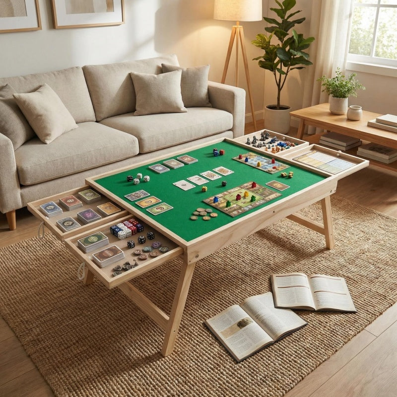 Folding Game Table with Storage Drawers and Non-Slip Base for Living Room