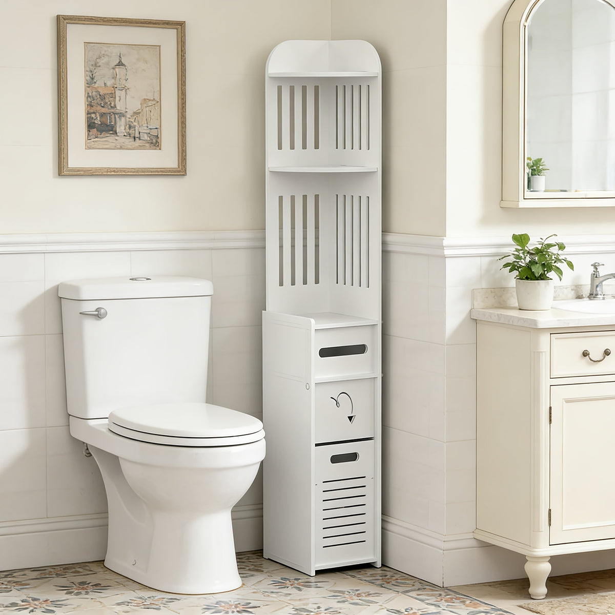 47.24-Inch Tall Narrow Bathroom Cabinet with Open Shelves, Two Slatted Doors and 16.73-Inch Width
