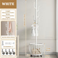 Coat Rack Freestanding Metal Organizer with Six Hooks and Basket, Caster or Circular Base Choices
