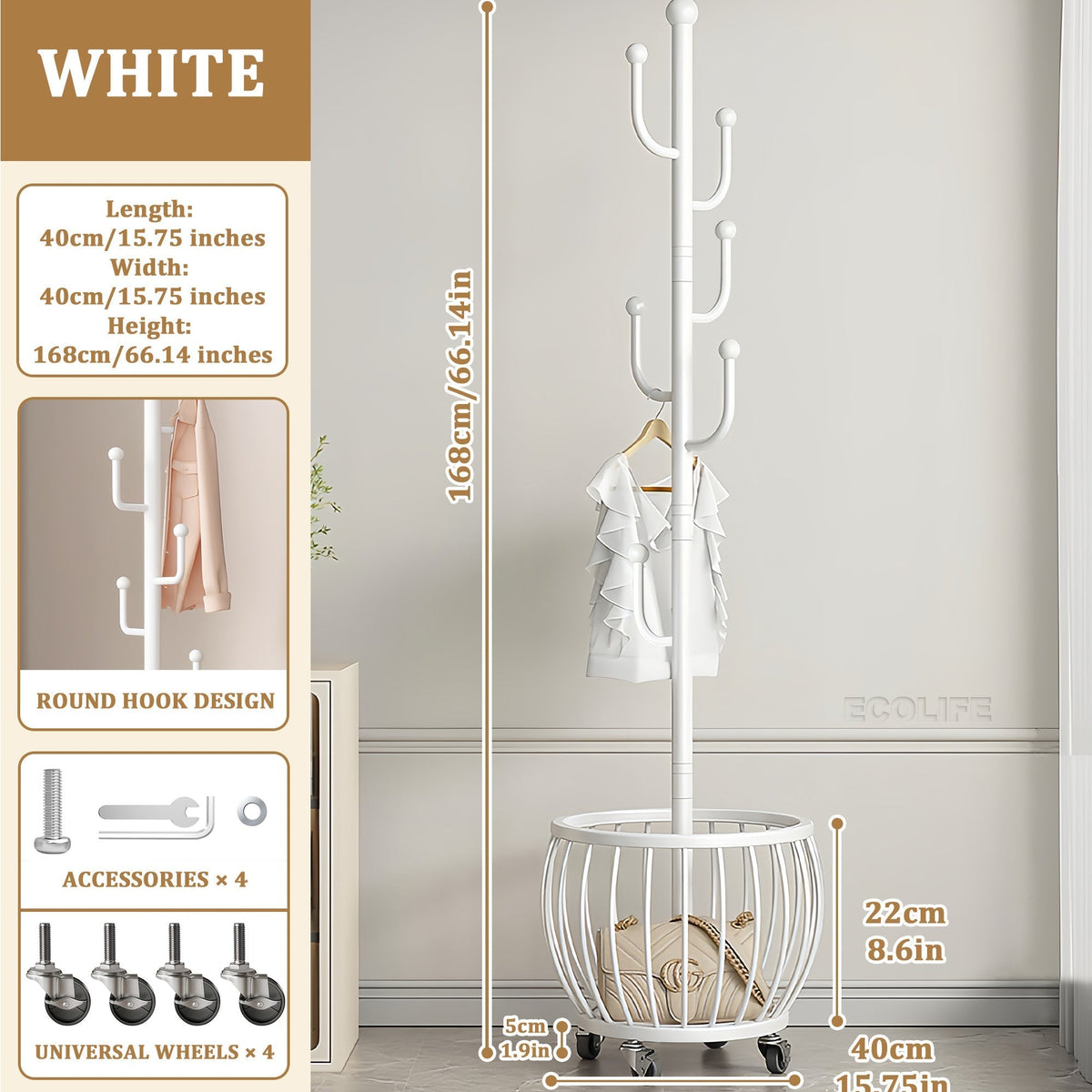 Coat Rack Freestanding Metal Organizer with Six Hooks and Basket, Caster or Circular Base Choices