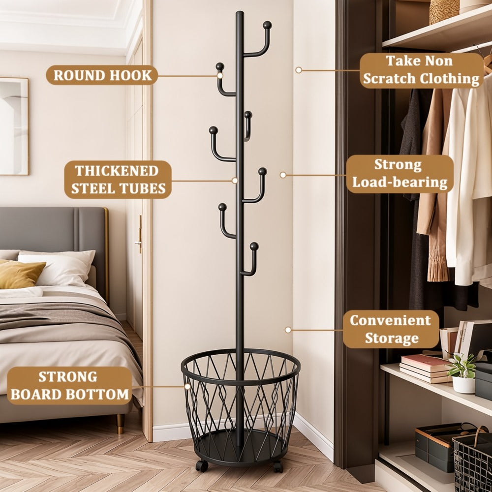 Coat Rack, Freestanding Rolling with Storage Basket, Heavy-Duty Metal Garment Hanger shown in the main product view