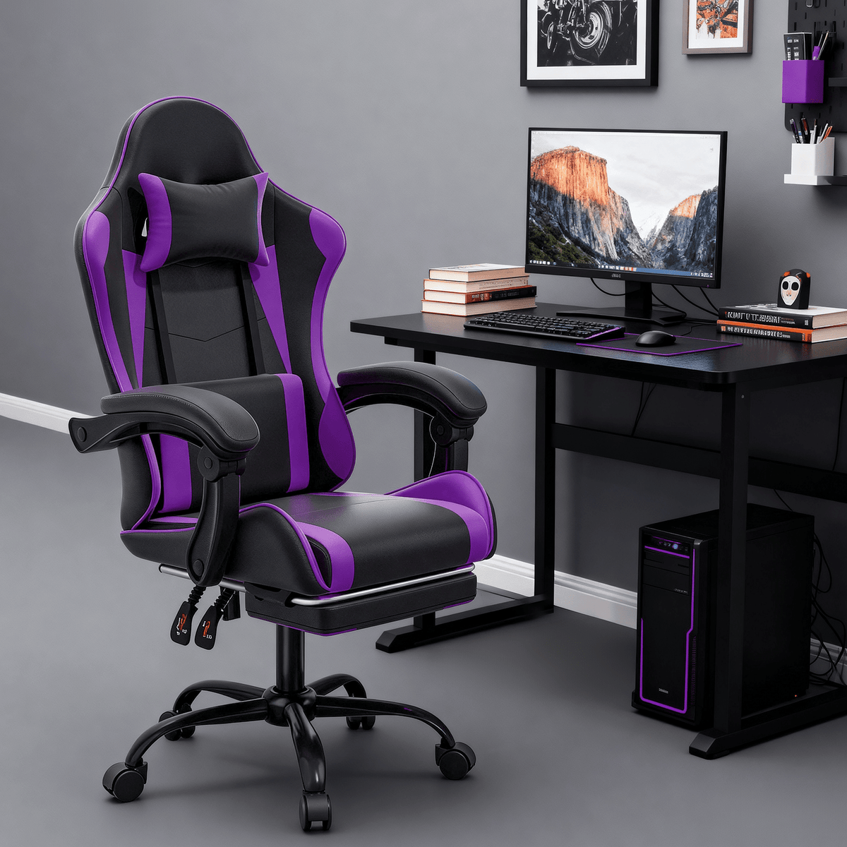 Gaming Chair with 145° Recline, Retractable Footrest, Linkage Armrests, Faux Leather and Assembly Hardware