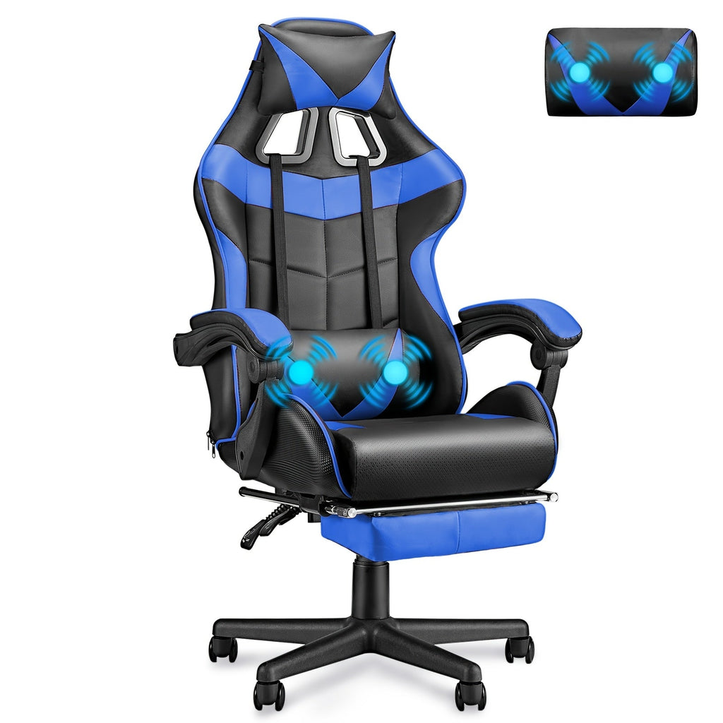 Gaming Chair High Back with Massage Lumbar Function, Headrest, Retractable Footrest and 360° Swivel