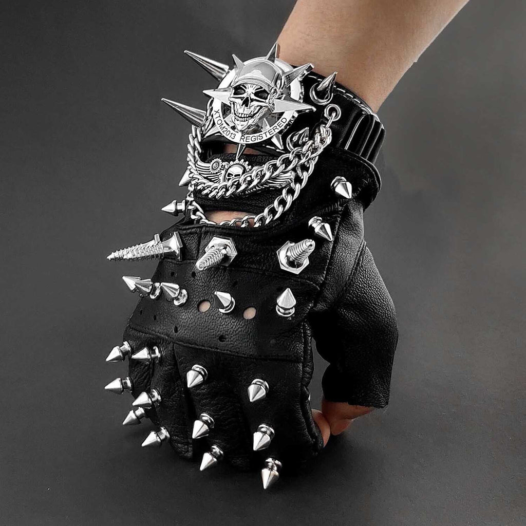 Black Spiked Gothic Fingerless Gloves and Chain Bracelet with Combined and Separate Component Options