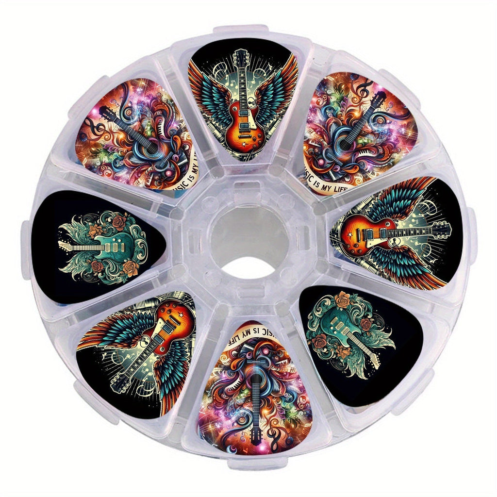 50-Piece Guitar Pick Set with Mixed Band Artwork, Three Thickness Labels and Round Eight-Section Case
