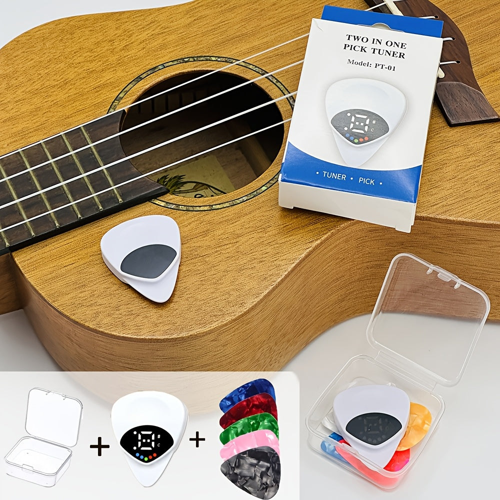 2-in-1 Guitar Pick Tuner Set with White Digital Display Unit, Five Marbled Picks and Clear Storage Case