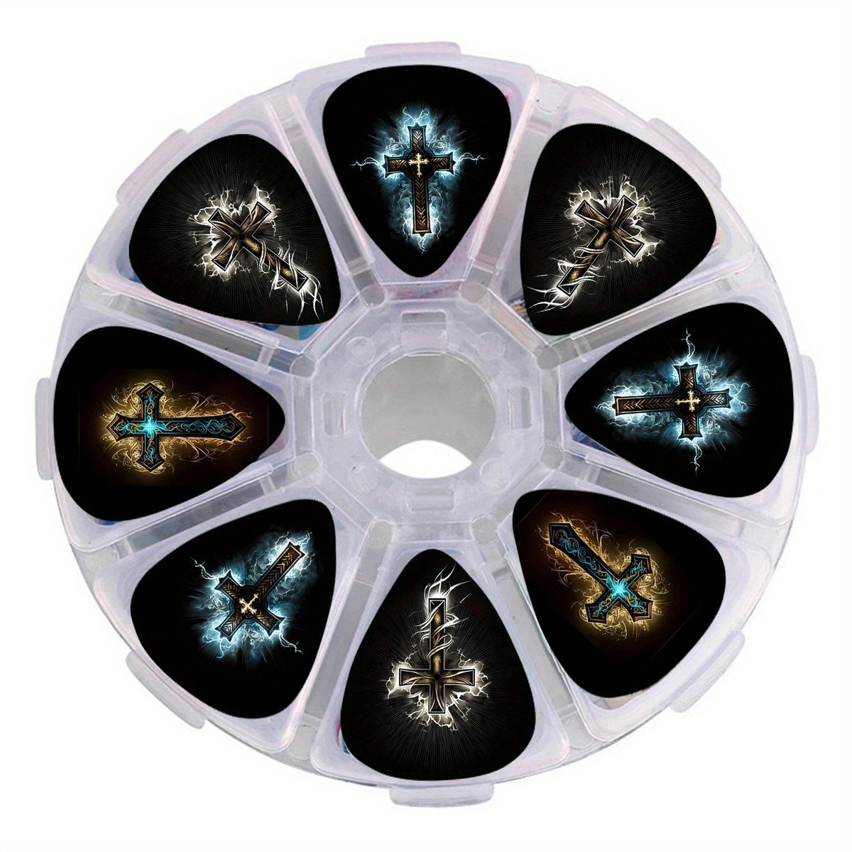 50-Piece Guitar Pick Set with Mixed Cross Artwork, Three Thickness Labels and Round Eight-Section Case