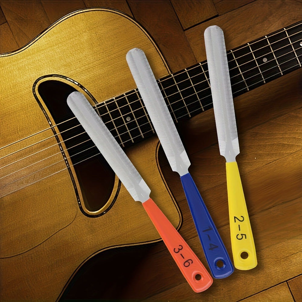 Guitar Replacement Part 3-Piece Tapered File Set with Blue, Yellow and Orange Rubber Handles