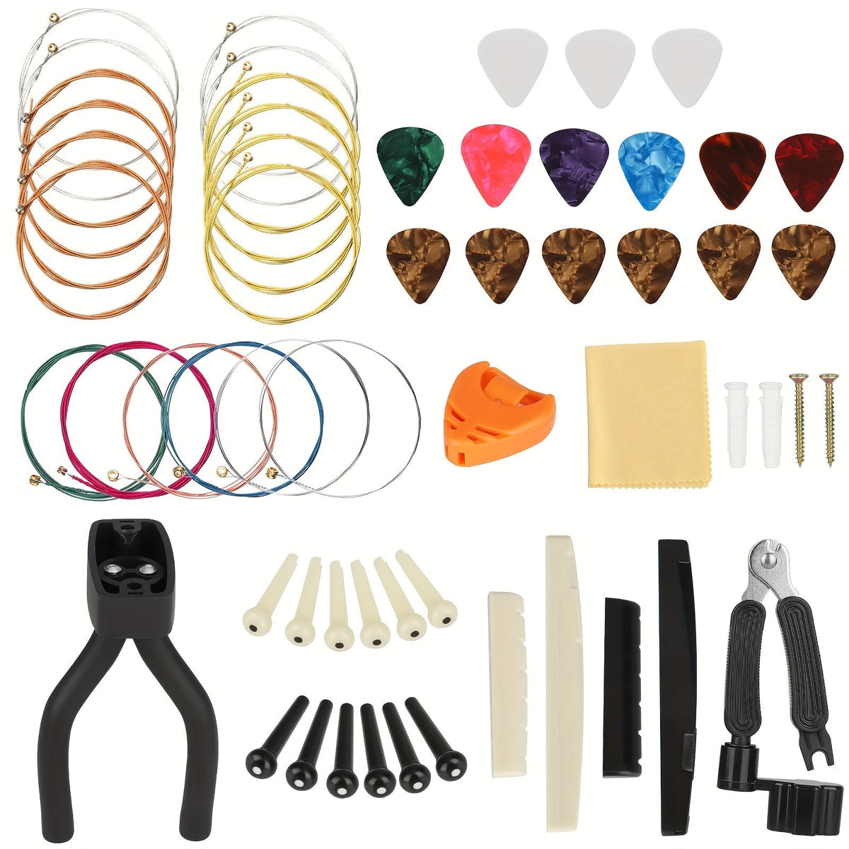 Guitar Replacement Part 45-Piece Maintenance Set with Strings, Picks, Nut, Saddle and Restring Tool
