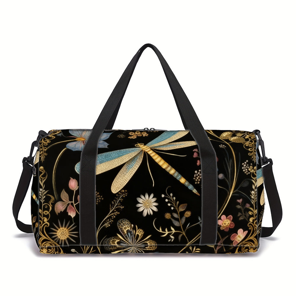 Gym Duffel Bag Polyester Dragonfly Print with Adjustable Strap and Zippered Organizer Pockets