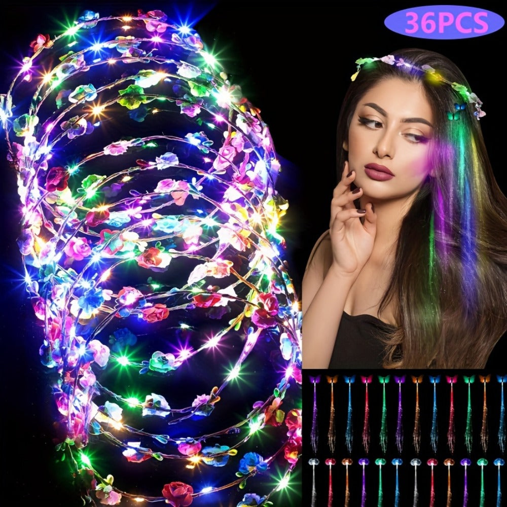 Hair Accessories - LED Light Up Set 36pcs Luminous Glow Bundle Flower Garland Crown, Fiber - product detail view 2