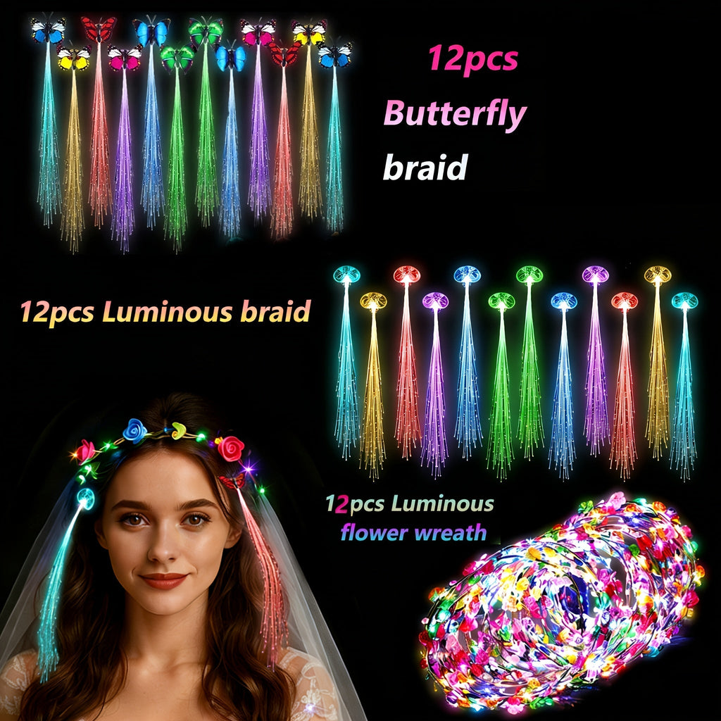 Hair Accessories 36-Piece LED Light-Up Set with Flower Headbands, Braids and Butterfly Strands