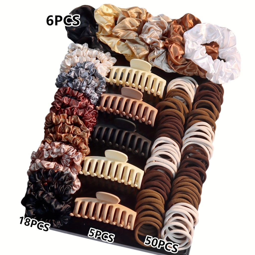 Hair Accessories 79-Piece Neutral-Tone Set with Five Claw Clips, 24 Scrunchies and 50 Ties