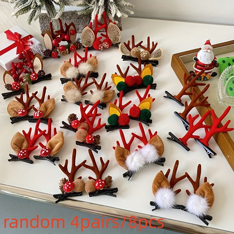 Hair Clips for Women – Christmas Reindeer Antler Hair Clips 8 Pieces Holiday Hair Accessories Pom Poms Ears