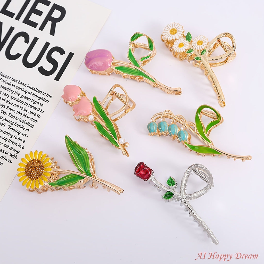 Hair Accessories Six-Piece Gold-Tone Metal Floral Hair Claw Clip Set with Tulip and Leaf Designs
