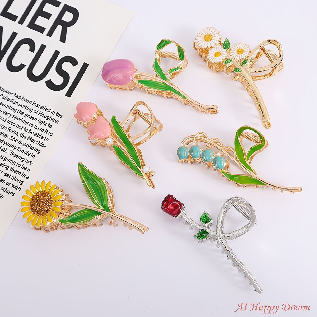 Hair Accessories Six-Piece Gold-Tone Metal Floral Hair Claw Clip Set with Tulip and Leaf Designs