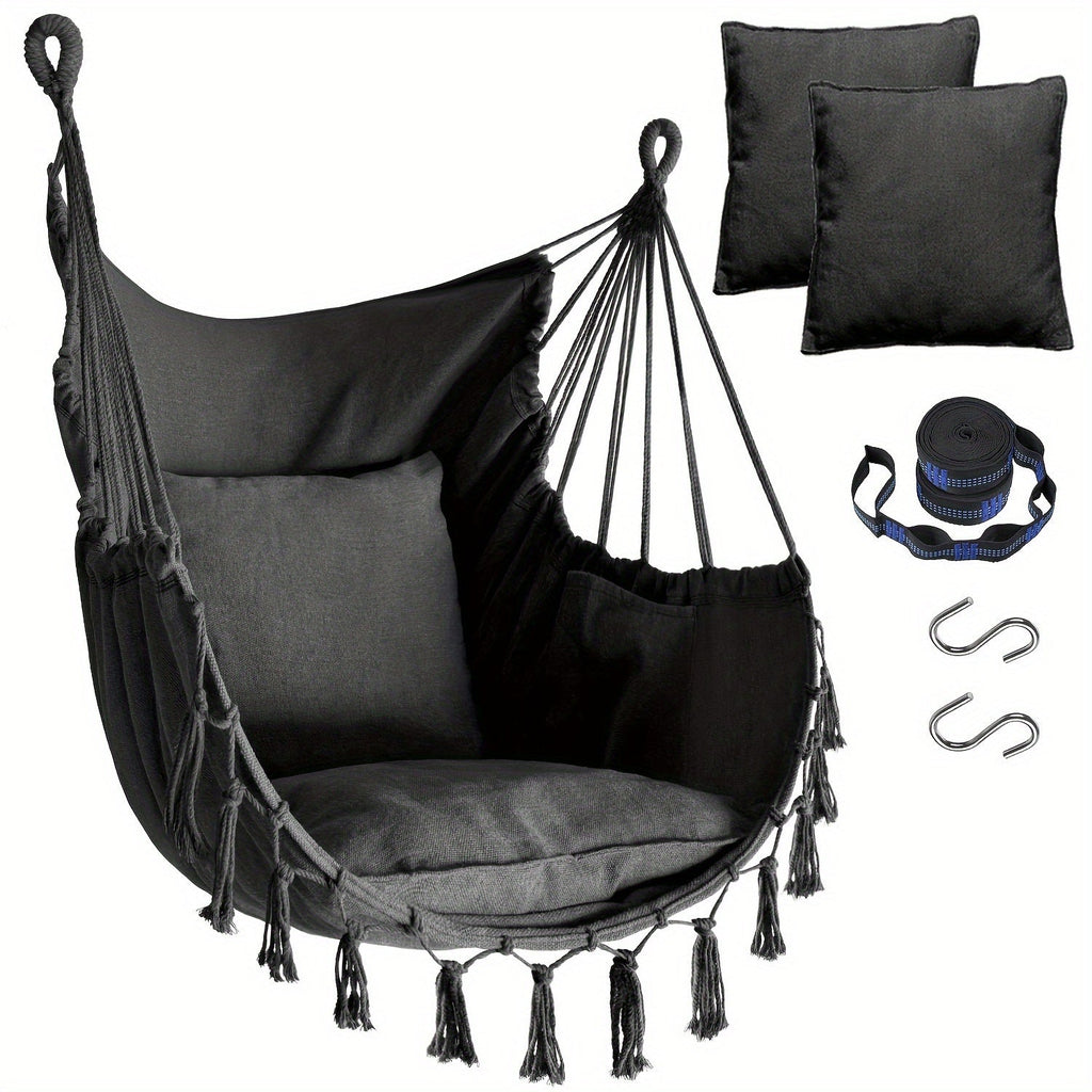 Macrame Hammock Chair with Two Cushions, Hanging Straps and Hooks in Three Colors for Home or Patio
