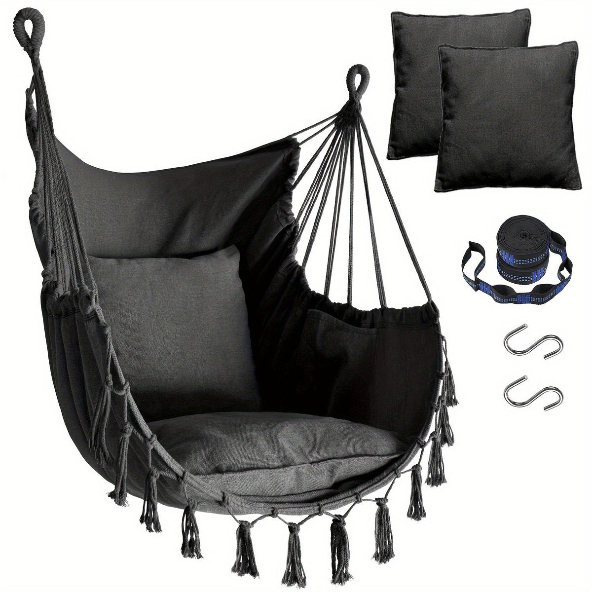 Macrame Hammock Chair with Two Cushions, Hanging Straps and Hooks in Three Colors for Home or Patio