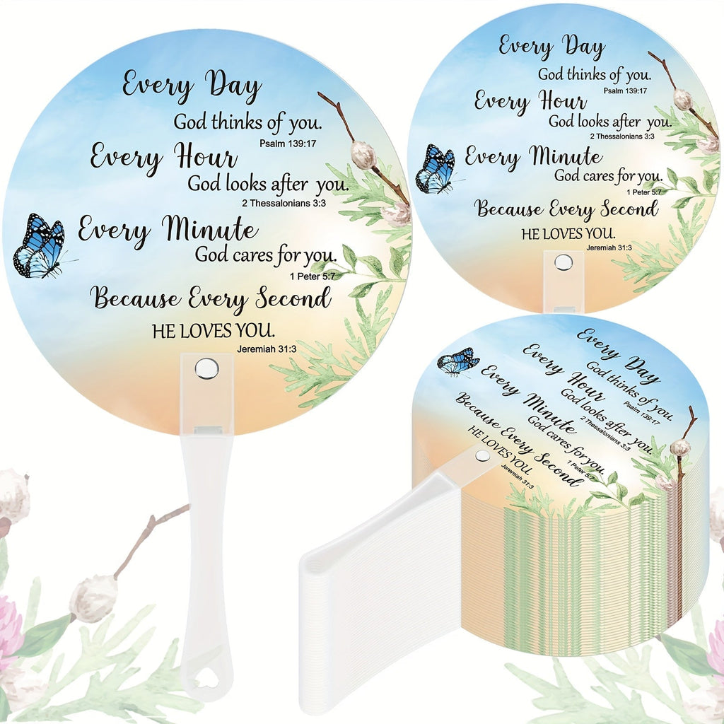 Round Christian Message Hand Fans with White Plastic Handles in a 50-Piece Assorted Design Pack