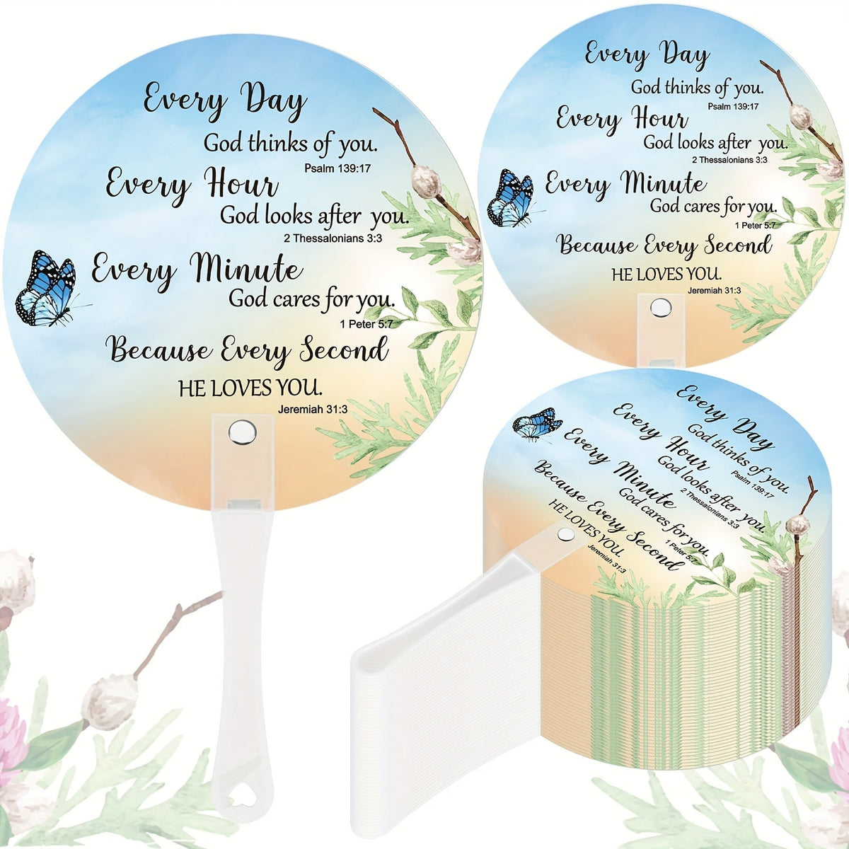 Round Christian Message Hand Fans with White Plastic Handles in a 50-Piece Assorted Design Pack