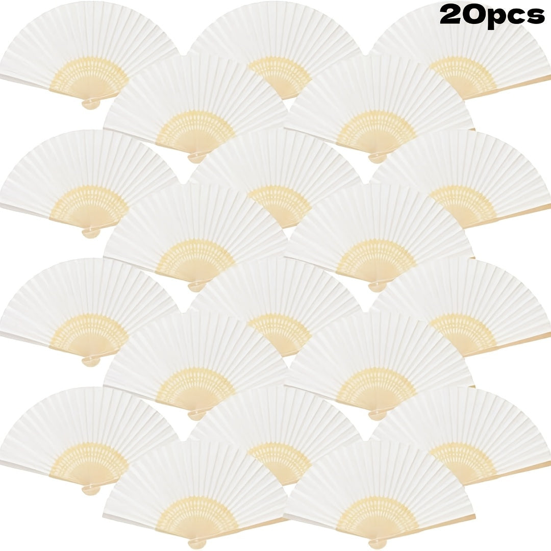 White Paper Folding Hand Fans with Tan Rib Frames in 20-, 50- or 65-Piece Bulk Pack Options