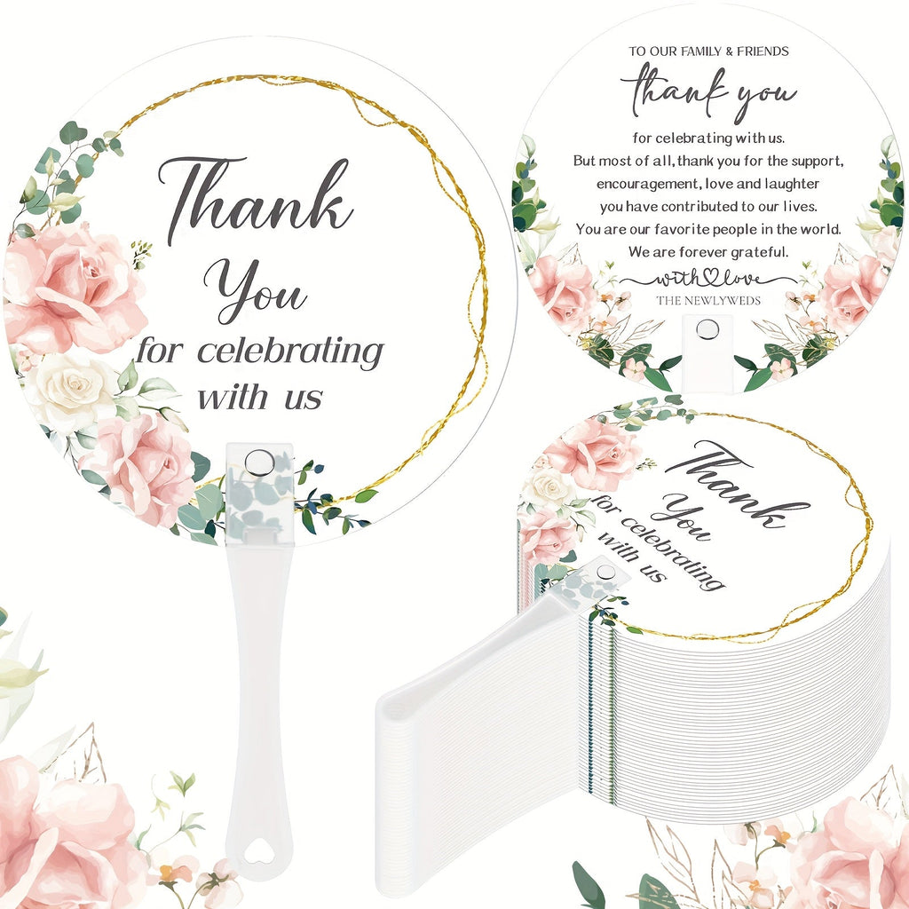 Floral Thank-You Wedding Hand Fans with White Handles in a 100-Piece Guest Favor Pack for Ceremonies